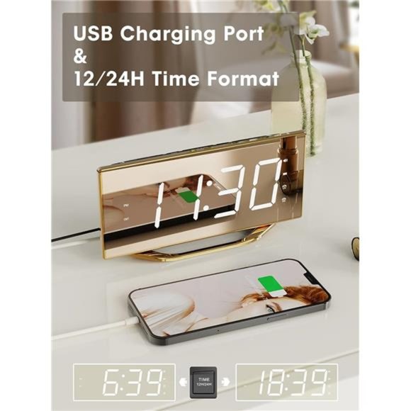 Gold Loud Alarm Clock Heavy Sleeper 2 Alarms Big Display Clock with Bed Shaker - Picture 5 of 6